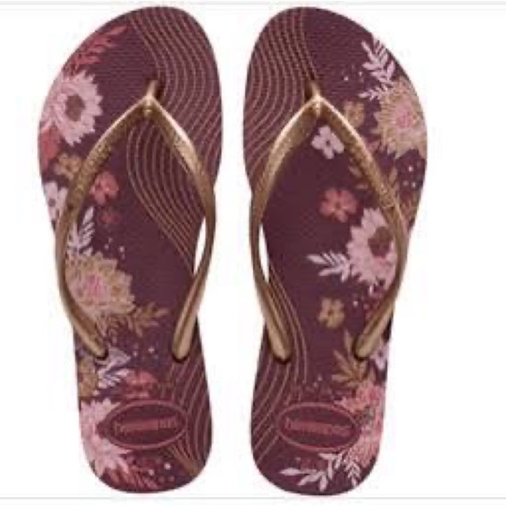 Women's Floral Maroon Flip Flops with Metallic Gold Straps